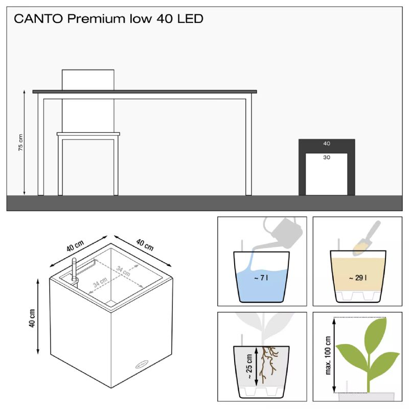 Lechuza CANTO Premium low LED Self-Watering Planters (CANTO Premium 40 low, Charcoal Metallic)